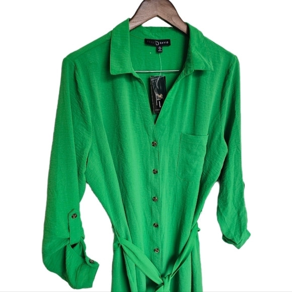 Green button front long sleeve belted dress size XL - Picture 2 of 9
